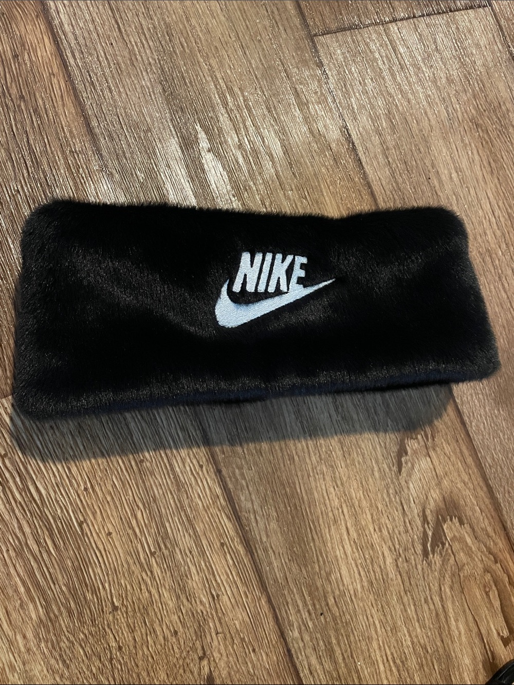 Nike Black Faux Fur Headwrap with White Swoosh Woman